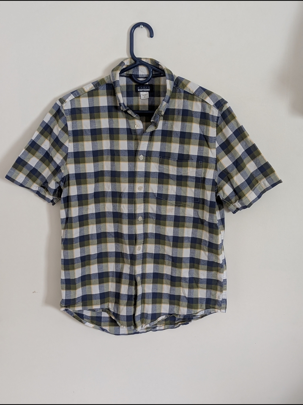 Basic Editions Men's Blue Green White Plaid Cotton Blend Woven Button-Up S